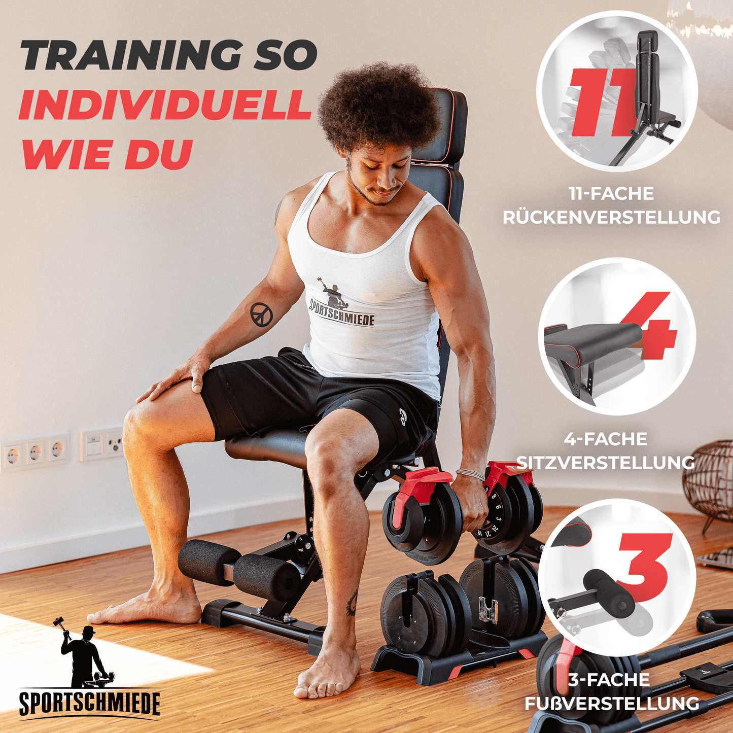 SPORTSCHMIEDE Verstellbare Hantelbank, Trainingsbank/ Schrägbank für Bankdrücken und mehr - Sportschmiede